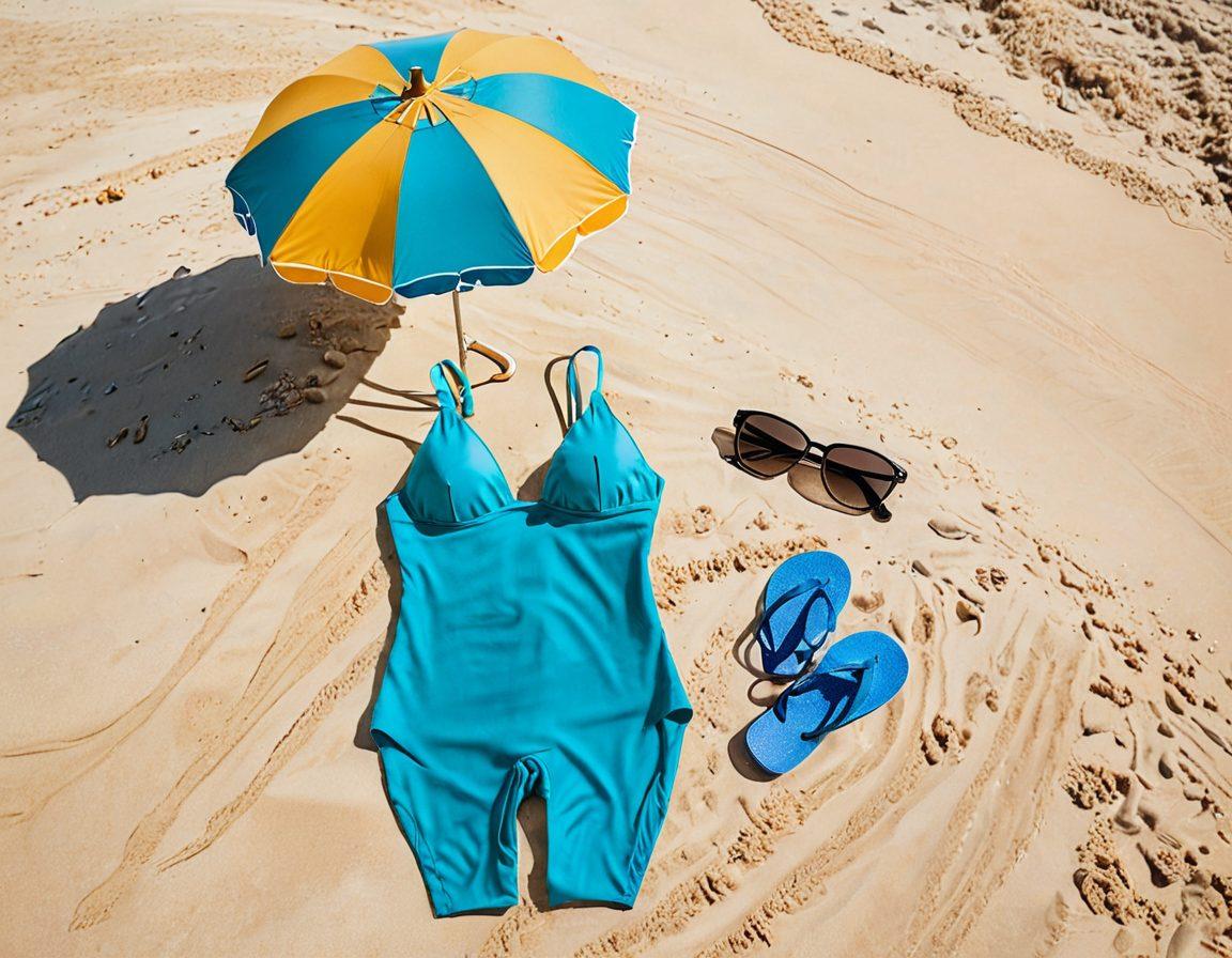 A serene beach scene with shimmering turquoise waters and a stylish two-piece bathing suit elegantly displayed on a sandy shore. In the background, smart financial tools like calculators and charts are subtly integrated into the beach elements, such as a beach umbrella and flip-flops. Bright sunlight casting playful shadows, creating an inviting atmosphere, representing savings and smart planning. vibrant colors. super-realistic.