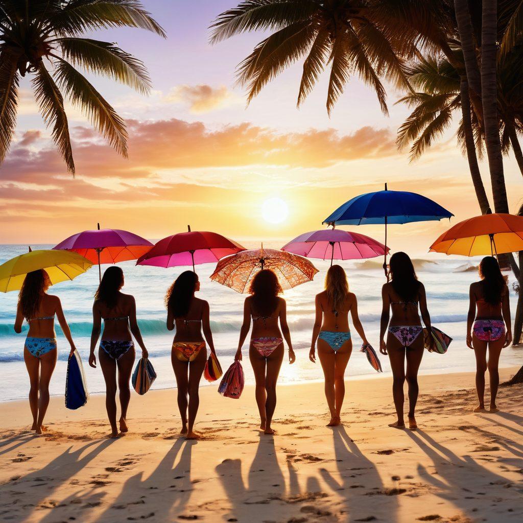 A sunny beach scene featuring a diverse group of friends happily trying on colorful beachwear at a trendy beach shop. The atmosphere is lively, showcasing vibrant umbrellas, surfboards, and shimmering waves in the background, symbolizing financial freedom and happiness. Include price tags showcasing affordable credit options near the beachwear. A soft sunset filters through, creating a warm and inviting ambiance. super-realistic. vibrant colors. white background.